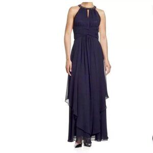 Eliza J Navy Jeweled Collar Halter Gown Chiffon Tiered rouched bodice waist sz 2